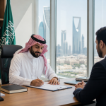 Saudi businessman signing company registration documents in a modern corporate office