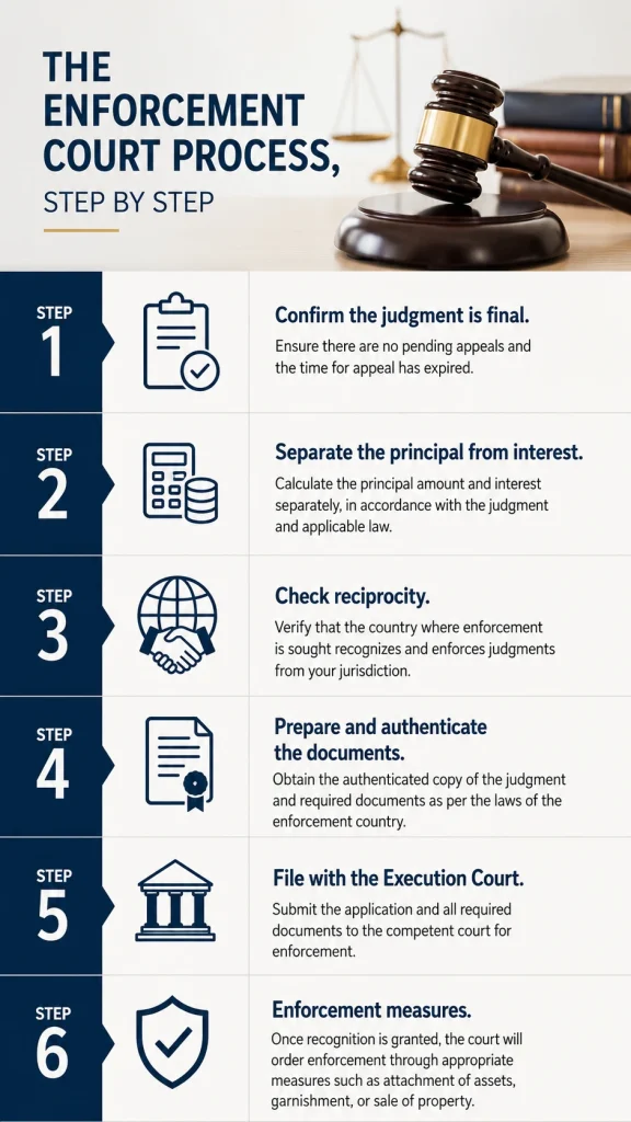 Hyper-realistic infographic showing the six-step enforcement court process from final judgment confirmation to enforcement measures.