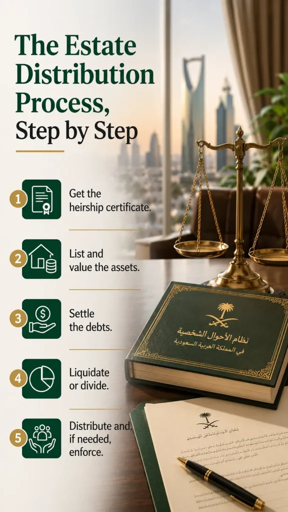 Estate distribution process infographic with five legal steps.