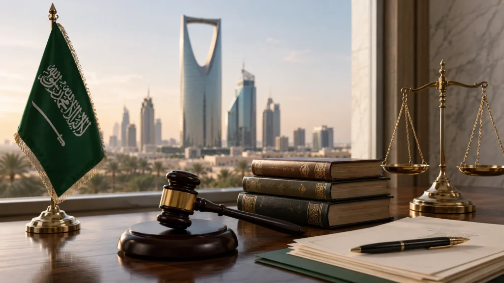 Hyper-realistic legal office scene with Saudi flag, gavel, law books, scales of justice, and Riyadh skyline representing foreign judgment enforcement in Saudi Arabia.