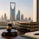 Hyper-realistic legal office scene with Saudi flag, gavel, law books, scales of justice, and Riyadh skyline representing foreign judgment enforcement in Saudi Arabia.