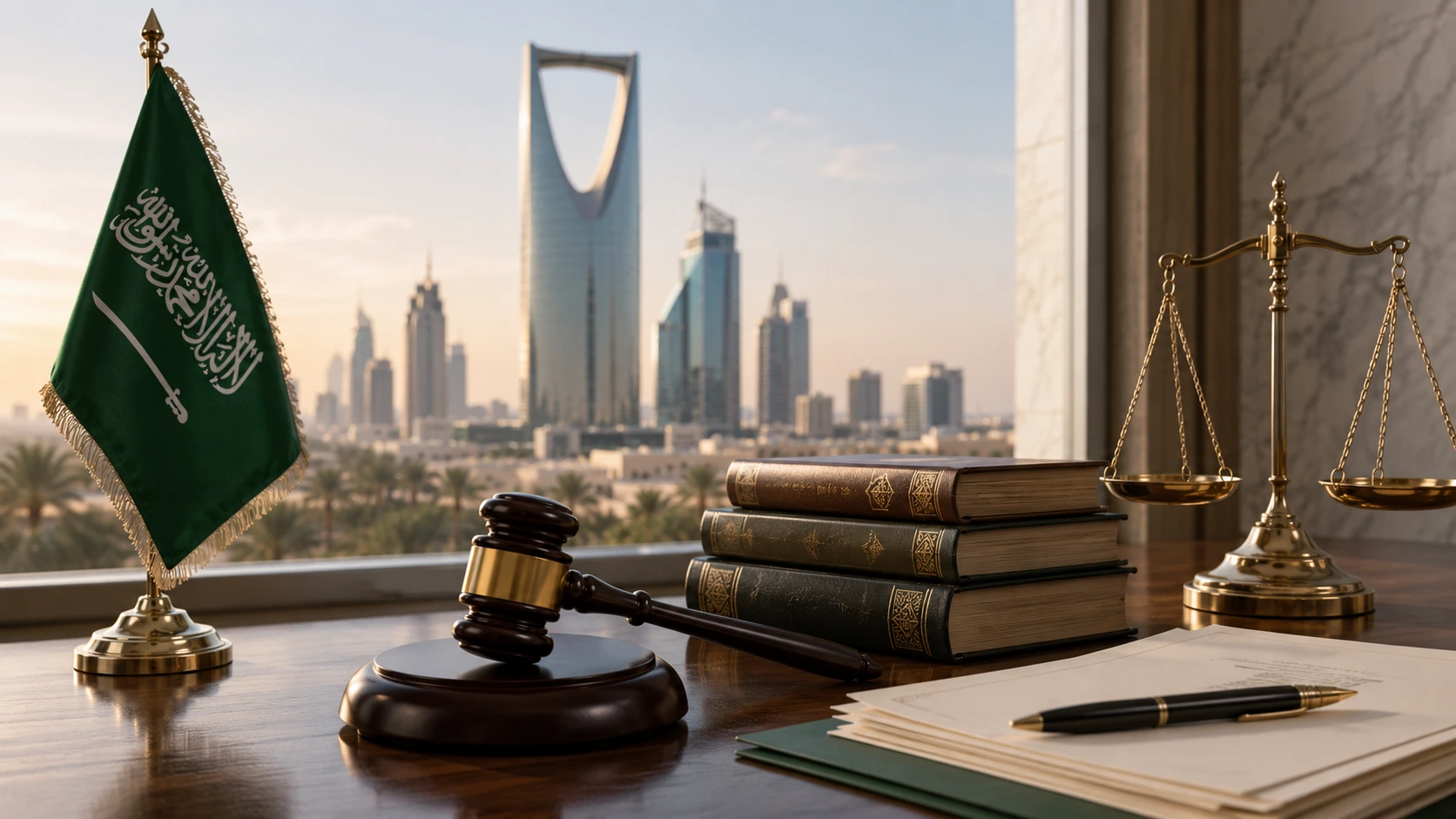 Hyper-realistic legal office scene with Saudi flag, gavel, law books, scales of justice, and Riyadh skyline representing foreign judgment enforcement in Saudi Arabia.
