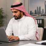Saudi employer and domestic worker reviewing electronic salary payment records on a laptop in a modern Saudi home, representing e-salary compliance and wage management requirements.