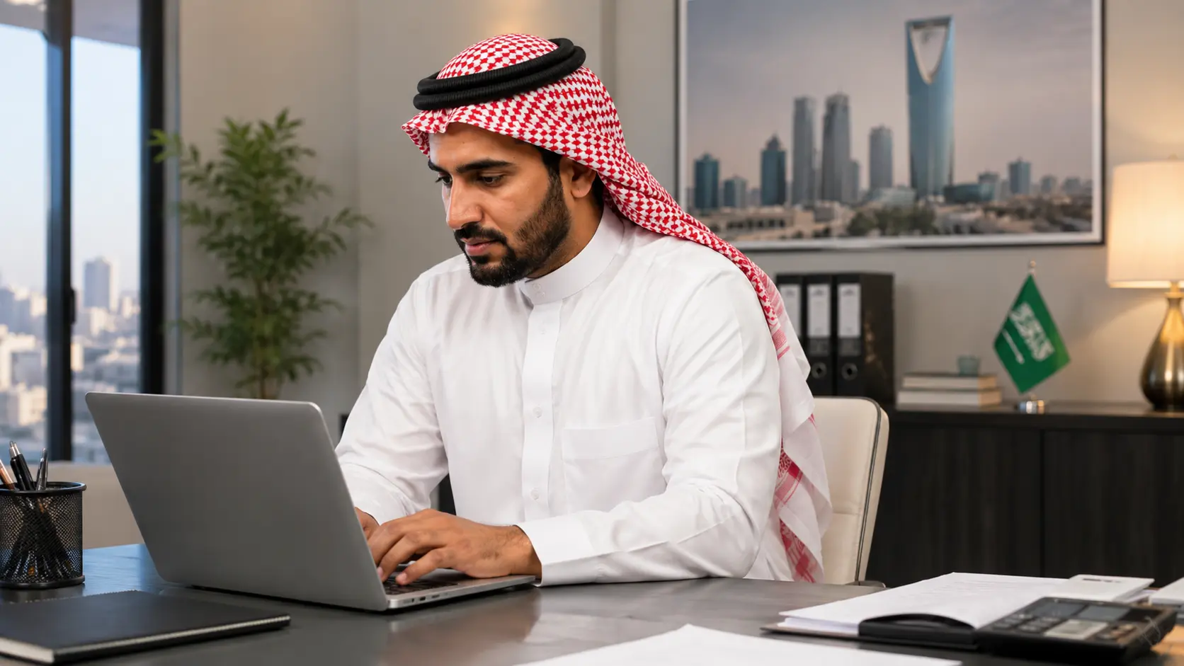 Saudi employer and domestic worker reviewing electronic salary payment records on a laptop in a modern Saudi home, representing e-salary compliance and wage management requirements.