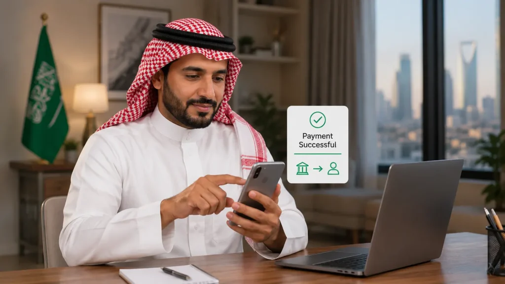Saudi employer reviewing digital salary payment records for a domestic worker on a laptop in a modern office in Saudi Arabia