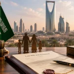 Saudi inheritance and wills legal banner with family and documents.