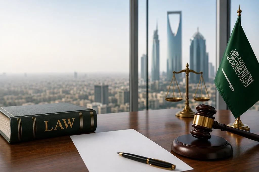 Hyper-realistic legal banner showing a law book, enforcement application document, gavel, scales of justice, and Saudi Arabia skyline representing filing an enforcement application in the Execution Court.