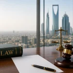 Hyper-realistic legal banner showing a law book, enforcement application document, gavel, scales of justice, and Saudi Arabia skyline representing filing an enforcement application in the Execution Court.
