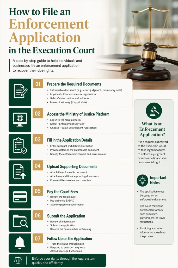 Infographic showing the steps to file an enforcement application in the Saudi Execution Court.