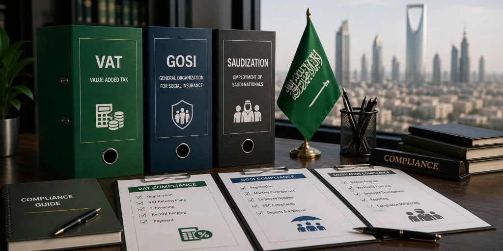 Saudi business compliance documents with VAT, GOSI, and Saudization