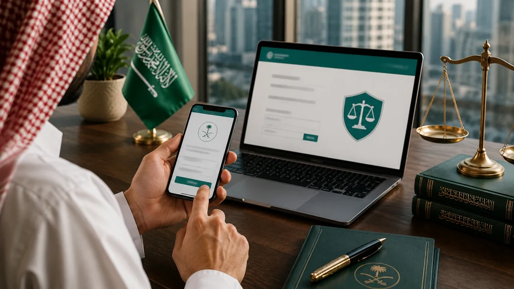 Lawyer verifying legal license online in Saudi Arabia